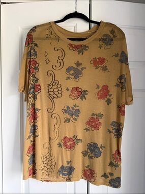 We The Free Camel Floral Short Sleeve Tee with Red & Blue Accents